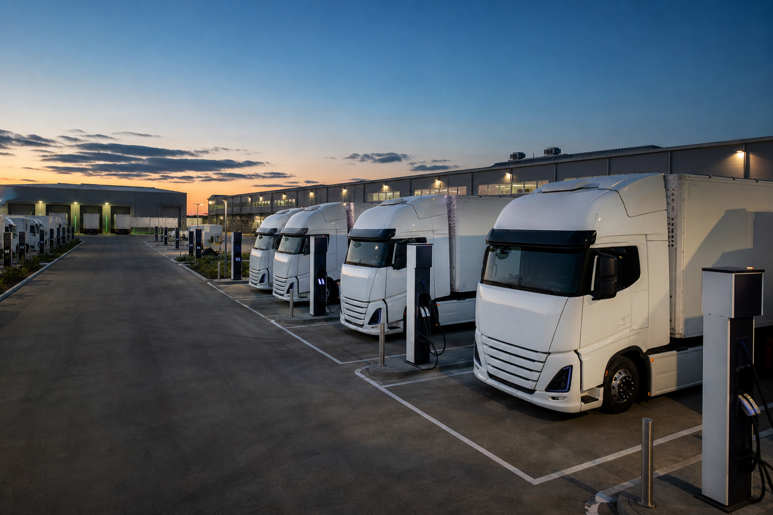 Modern Electric Truck Depot at Dusk